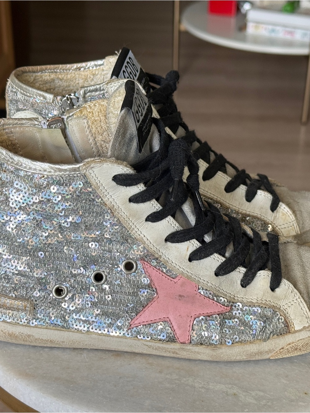 Silver Sequin High-Top Golden Goose Sneakers with Pink Star